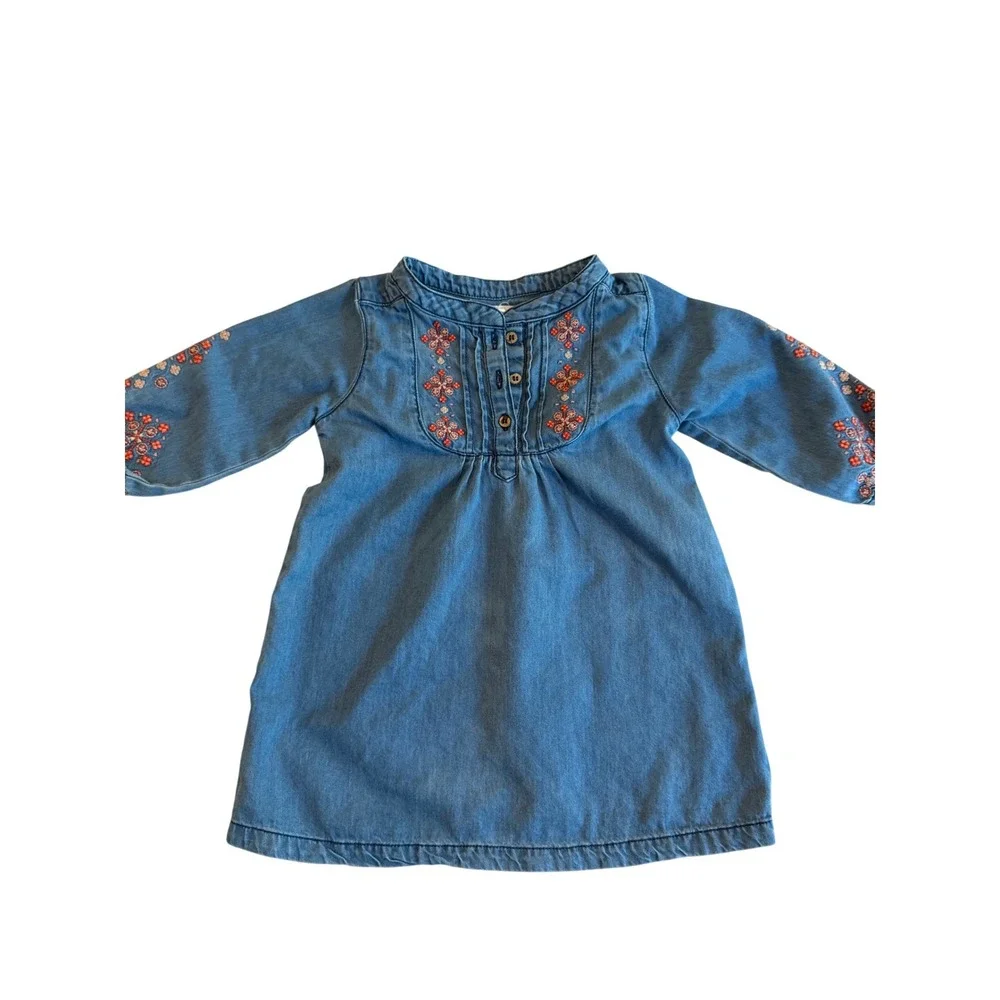 Purebaby Embroidered Denim‎ Dress 6-12 Months Long Sleeve